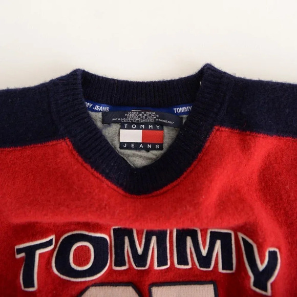 Vintage Tommy 85 Jeans Red & Blue 100% Lambswool Crewneck Sweater - Picture 13 of 15